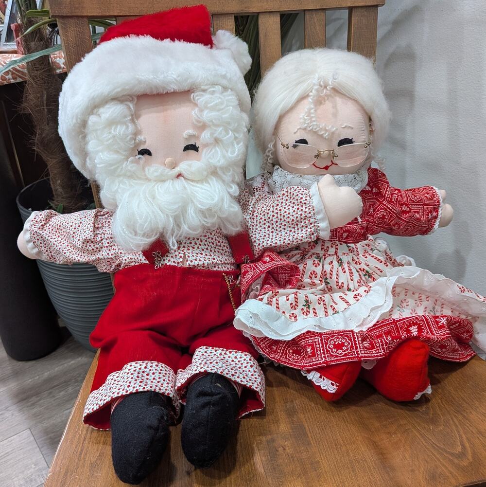 Vintage Handmade Santa and Mrs Claus Cloth Dolls Calico Red Velvet Christmas